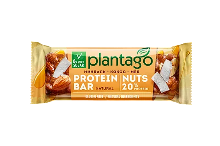 Протеиновые батончики NUTS "Миндаль-Кокос-Мёд" Plantago (протеин 20%) ш/б 12 шт