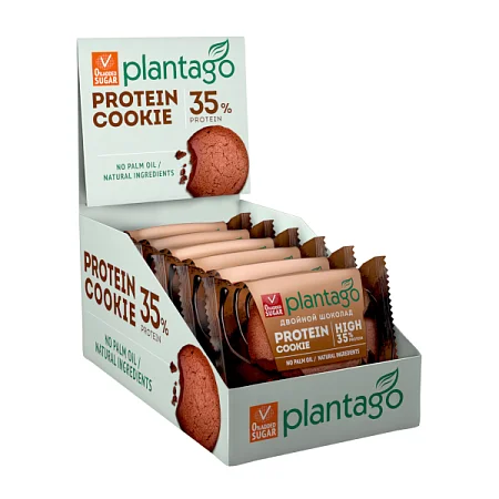 Печенье протеиновое с высоким содержанием белка Plantago Protein Cookie 35% со вкусом Двойной шоколад, 12 шт*40 гр