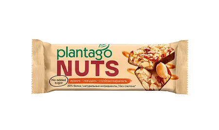 Протеиновые батончики NUTS "Арахис-Миндаль-Соленая карамель" Plantago (протеин 20%) 12 шт.