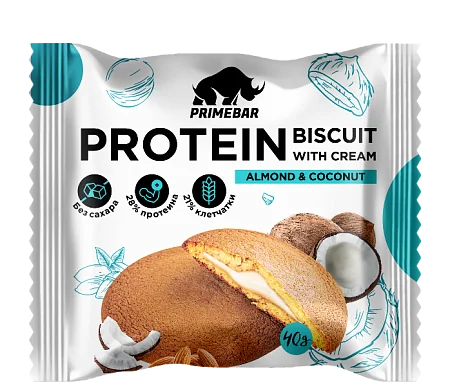 Протеиновое печенье PRIMEBAR PROTEIN BISCUIT с кремовой начинкой со вкусом «Кокос и миндаль» (10 шт x 40 гр)