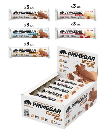 Протеиновые батончики PRIMEBAR CRUNCH, MIX 5 вкусов, 3 шт*5, 15 шт, 600 г