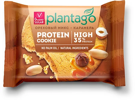 Печенье протеиновое с высоким содержанием белка Plantago Protein Cookie 35% со вкусом Ореховый микс-Карамель, 12 шт*40 гр