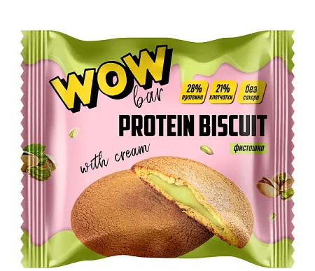 Протеиновое печенье WOWBAR PROTEIN BISCUIT с кремовой начинкой со вкусом «Фисташка» (10 шт x 40 гр)