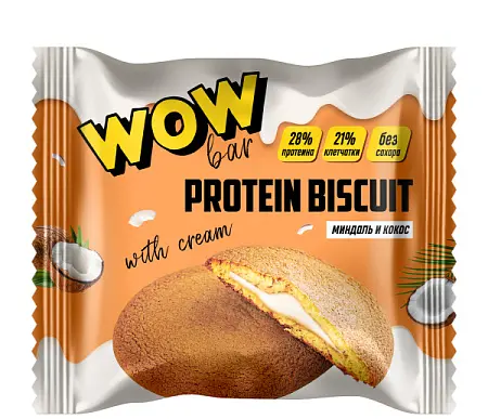 Протеиновое печенье WOWBAR PROTEIN BISCUIT с кремовой начинкой со вкусом «Кокос и миндаль» (10 шт x 40 гр)