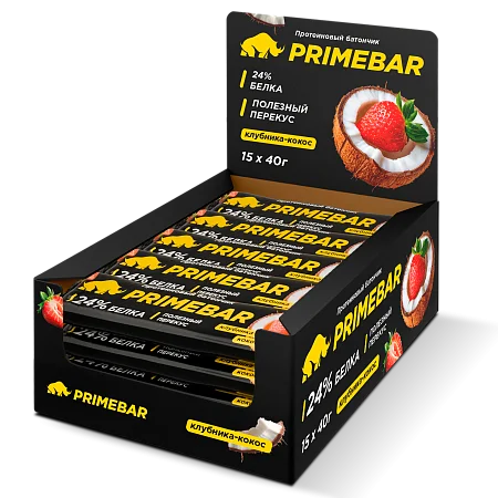 Батончики PRIMEBAR клубника-кокос (15 шт*40 гр)