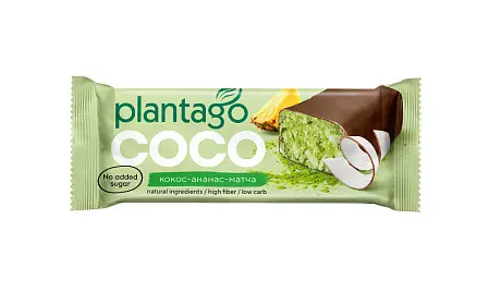Кокосовые батончики COCO Plantago без сахара в шоколаде со вкусом "Матча-Ананас", 12 штук