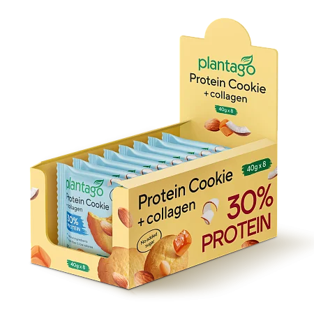 Печенье Protein Cookie Plantago 30% с высоким содержанием белка и коллагеном со вкусом " Кокос-Миндаль", 8 шт*40 гр