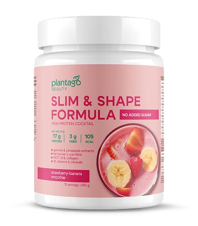 Протеиновый коктейль для похудения Slim&Shape Formula со вкусом "Клубнично-Банановый смузи" Plantago 450 г, банка
