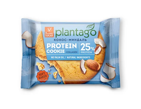 Печенье протеиновое Plantago Protein Cookie 25% с коллагеном со вкусом Кокос-Миндаль, 9 шт*40 гр