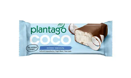 Кокосовые батончики COCO Plantago без сахара в шоколаде со вкусом "Ваниль", 12 штук